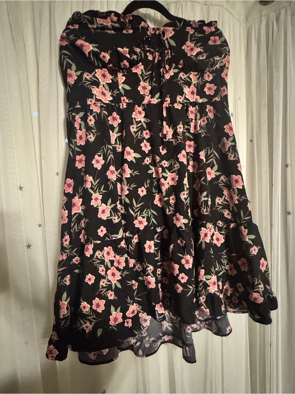 Black Floral A-Line Strapless Dress with Pink Flowers